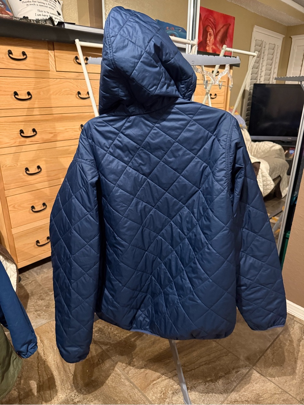 Patagonia Quilted Hooded Bomber Jacket in Navy with Tan Lining - Picture 2 of 4